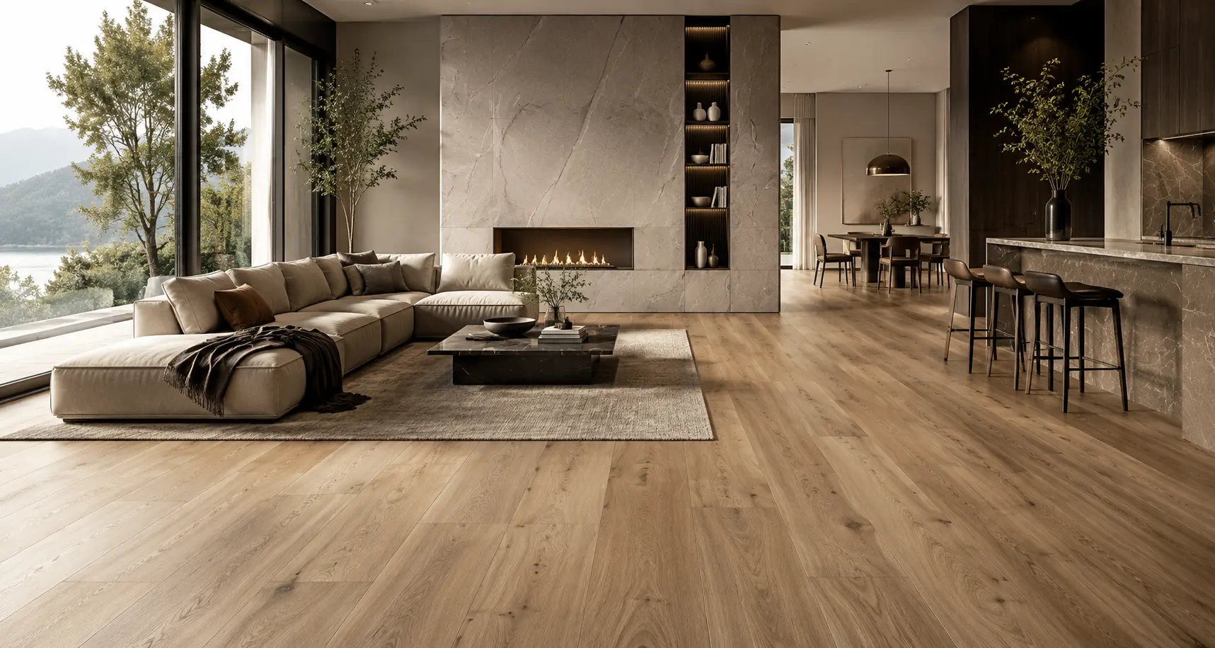 Modern living room interior with warm wood flooring